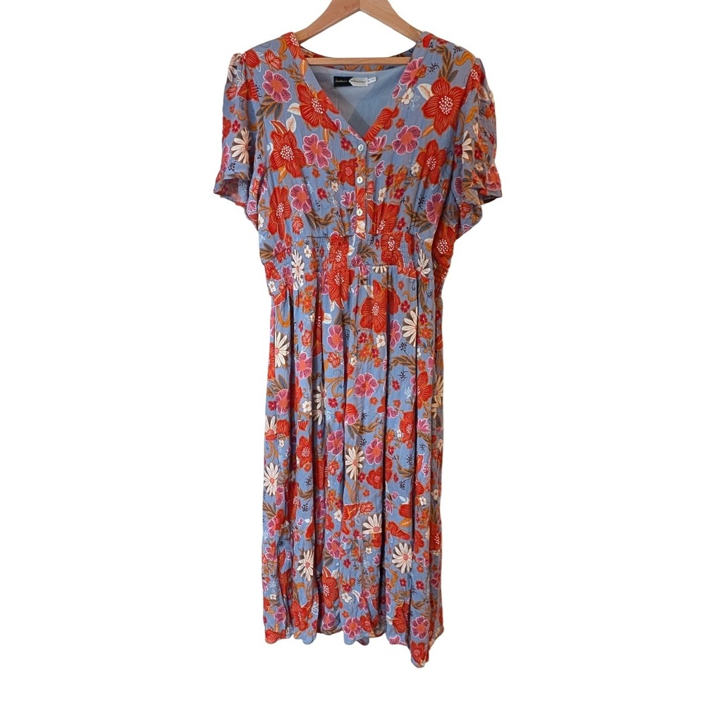 Piper & Scoot Blue Floral Smocked Waist Button Front Midi Dress XL Boho Tiered